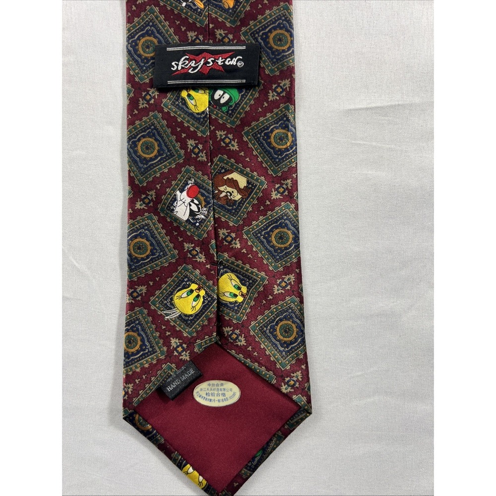 Sky Star Looney Tunes Silk Tie Bugs Bunny Marvin the Martian Burgundy Geometric - Picture 3 of 7